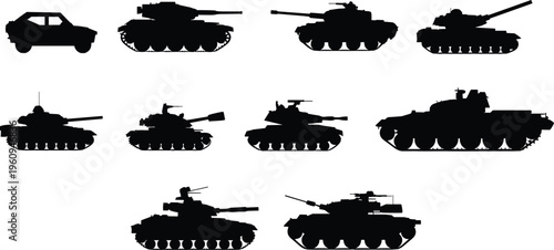 Military tank silhouettes with civilian car comparison, armored vehicles collection, war machines illustration, defense equipment design, combat vehicle graphic