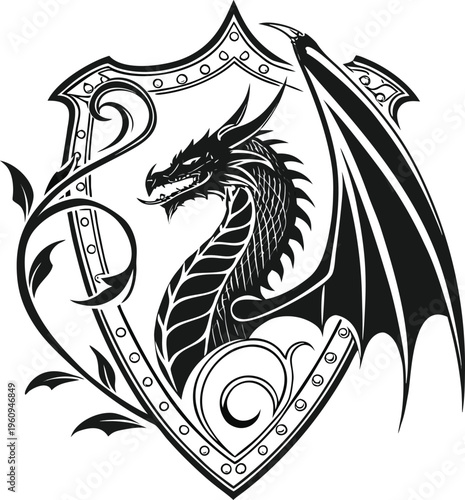 Dragon, shield, crest, black, vector, illustration, fantasy, mythical, creature, heraldry