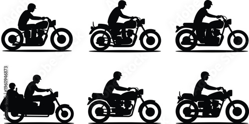 Motorcycle rider silhouette vector illustration, diverse bike styles, black figures in motion, passenger riding art, lifestyle design, minimalist motorcycle icon set