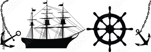 Nautical silhouettes collection, anchor with chain, sailing ship, ship wheel, maritime vector icons, sea transport design, black silhouette illustration