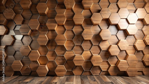 An Architectural Visualization of a Honeycomb Patterned Wooden Wall in a Room with Hardwood Flooring