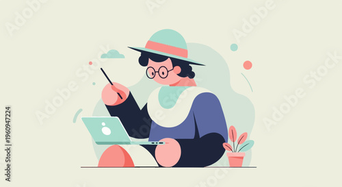 A person in a hat and glasses works on a laptop with a stylus