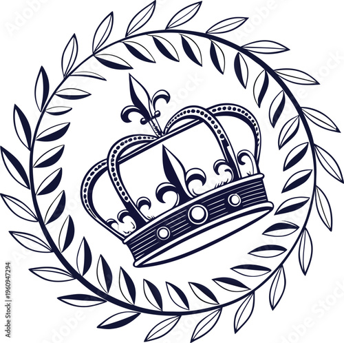 Royal crown, laurel wreath, navy blue vector icon, luxury symbol, regal emblem
