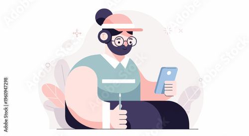 A person with headphones and glasses uses a smartphone while holding a stylus