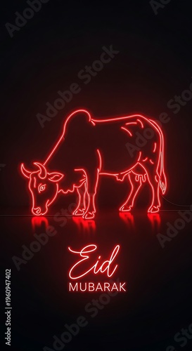 Neon Eid Mubarak Ox Silhouette on Black Background.