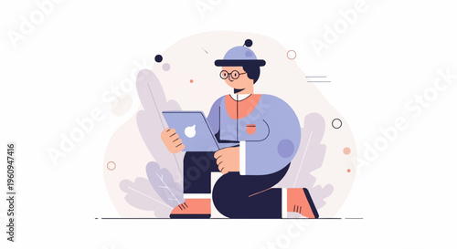 Animated person working on a laptop while sitting on the floor