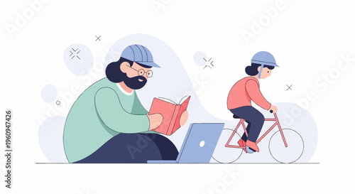 Bearded man reads book near laptop; person cycles with helmet