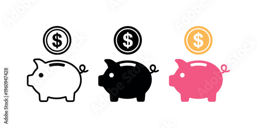 Three piggy banks with coins in different colors money in white background.
