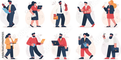 A diverse group of people in modern business attire with tech gadgets