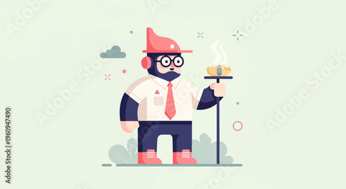 Cartoon ape character in office attire holds a hot meal on a stick