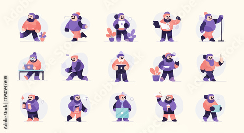 Collection of pixelated figures in winter attire performing various activities