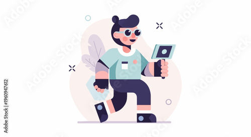 Cheerful figure with camera moves forward in abstract background