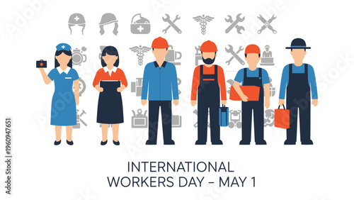 International Workers Day: A diverse group of essential workers stand united, symbolizing the hard work and dedication of individuals from various professions.