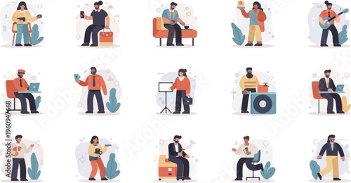A grid of 15 diverse illustrated characters engaged in various activities