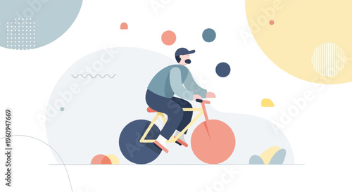 Flat illustration of a person cycling with abstract colorful shapes in background