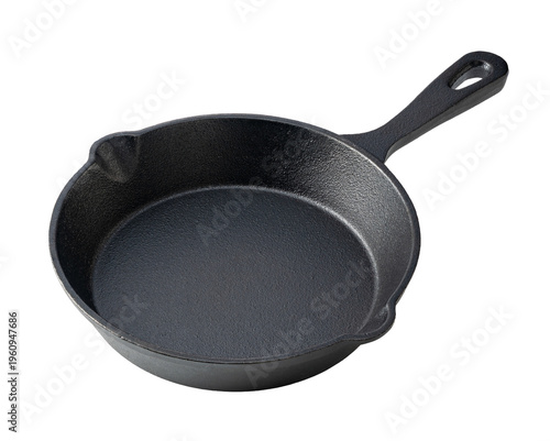 Cuadro en lienzo Empty black cast iron skillet frying pan with spout isolated on white background