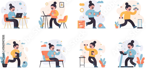 Diverse daily activities of a person including work, leisure, and fitness