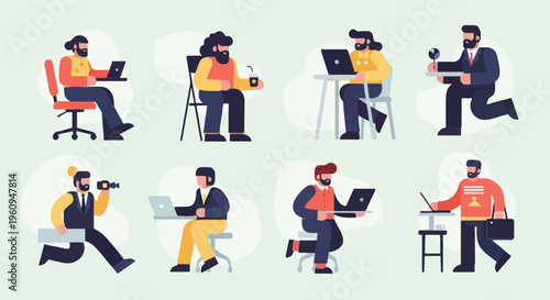 Diverse figures engaged in various business activities on laptops and with devices