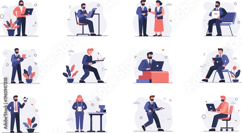 Business professionals engaged in diverse work-related activities, including computing and collaboration