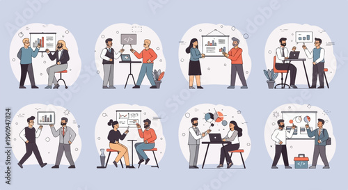 Business meeting scenes with presentations and discussions