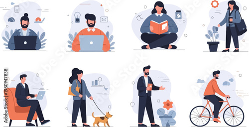 Diverse group engaged in various daily activities, work, and leisure pursuits