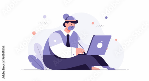 Person in a cap and mask working on a laptop and drawing