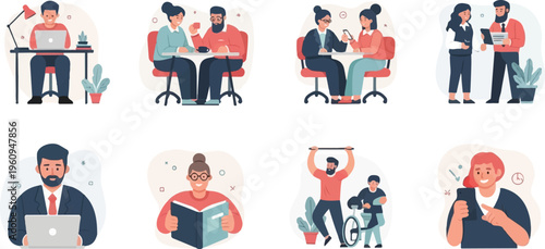 Diverse group engaged in work, leisure, and fitness activities