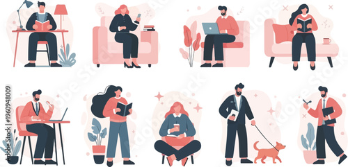 Diverse individuals engage in leisure and work activities in a stylized setting