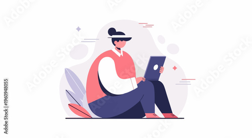 Person in casual attire sitting and using a laptop with abstract background