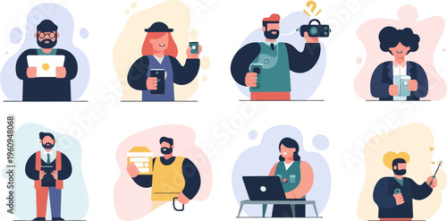 Diverse group of eight stylized cartoon characters in various professional and casual roles