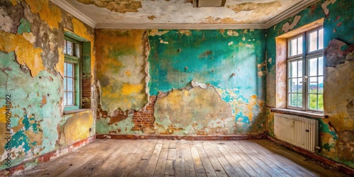 A derelict room with aged walls, peeling paint revealing layers of history, hardwood floors, and sunlight streaming through old windows