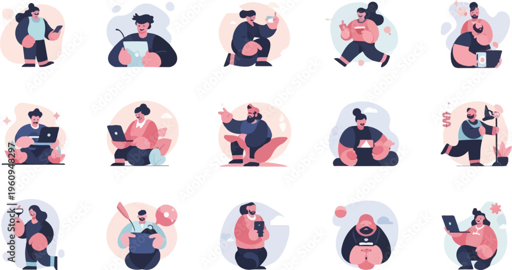 Fototapeta premium Diverse individuals engage in modern activities, working and leisure