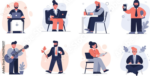 Diverse individuals engage in work, music, and reflection against abstract backdrops