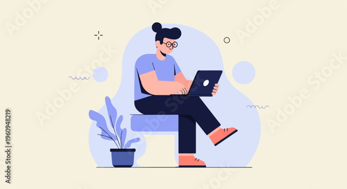 Person sits on chair with laptop and potted plant