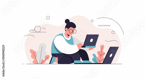 A person with glasses sits cross-legged, working on a laptop with two others nearby