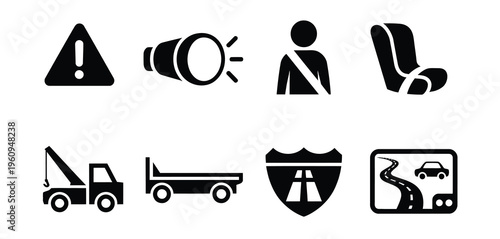 Vehicle Safety and Utility Black Icon Set Automotive Protection Symbols Vector