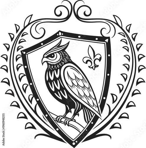 Vintage owl shield, heraldic crest, black and white vector, ornate design, coat of arms elements