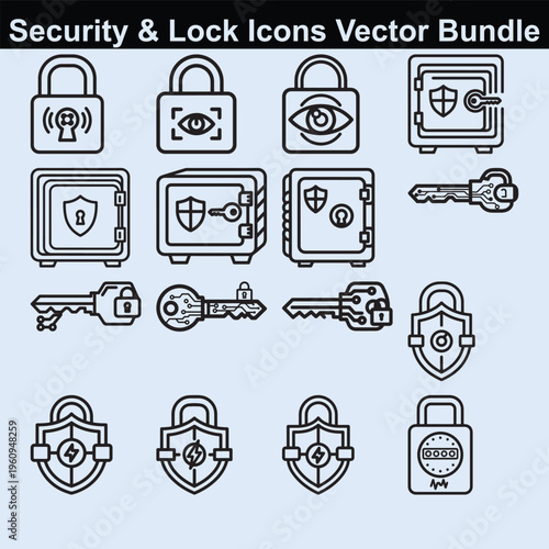 Security and lock icons vector bundle featuring eye scanners and protected vault systems.