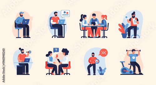 Diverse group working, learning, and exercising in minimalist flat illustrations