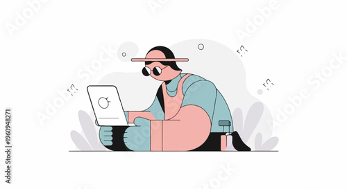 Person wearing a hat and glasses, focused on a laptop, with abstract shapes and plants