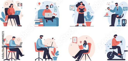 Diverse individuals engaged in home-based activities like working, reading, and exercising