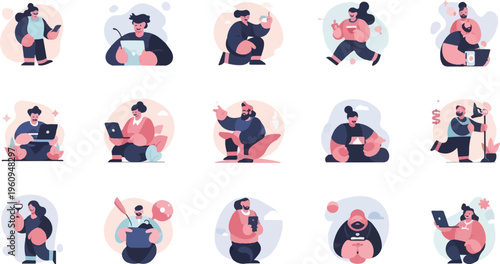 Diverse individuals engage in modern activities, working and leisure