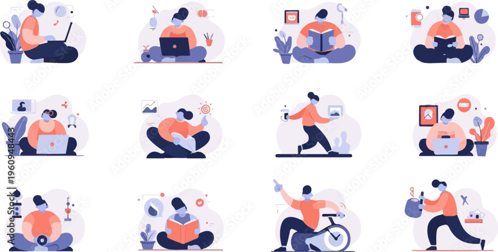 Fototapeta premium Diverse individuals engage in various focused activities, illustrating productive lifestyles