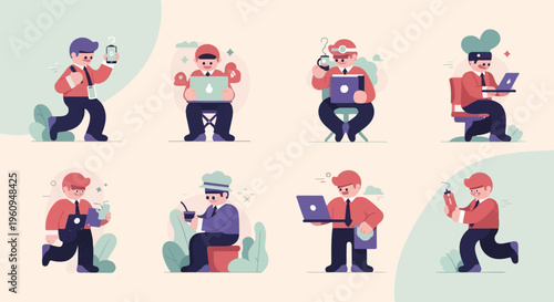 Business professionals engaged in various activities, from using laptops to drinking coffee