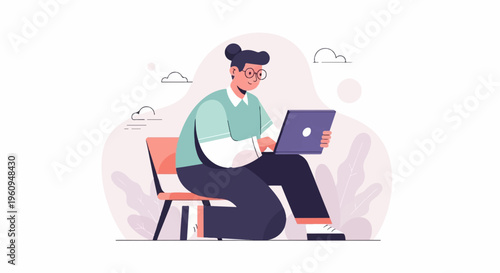 Person with bun hairstyle, glasses, and casual attire using a laptop