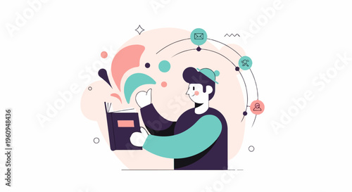 Person with book, ideas flowing out, connected to icons of growth and people