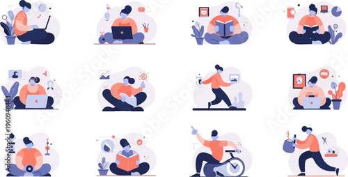 Diverse individuals engage in various focused activities, illustrating productive lifestyles