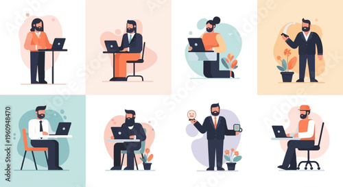 Diverse individuals engage in work and leisure activities with laptops