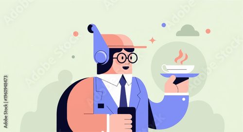 A stylized figure with headphones serves a steaming cup of coffee on a tray