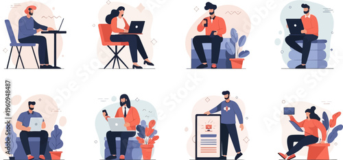 Diverse individuals engage with technology in stylized scenes